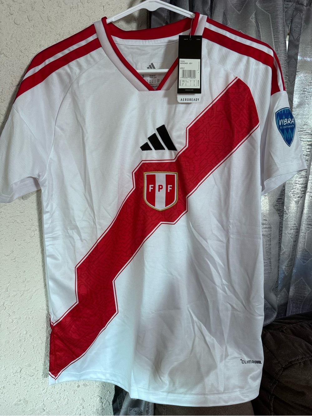 adidas White and Red Peru Home Soccer Jersey with Diagonal Sash